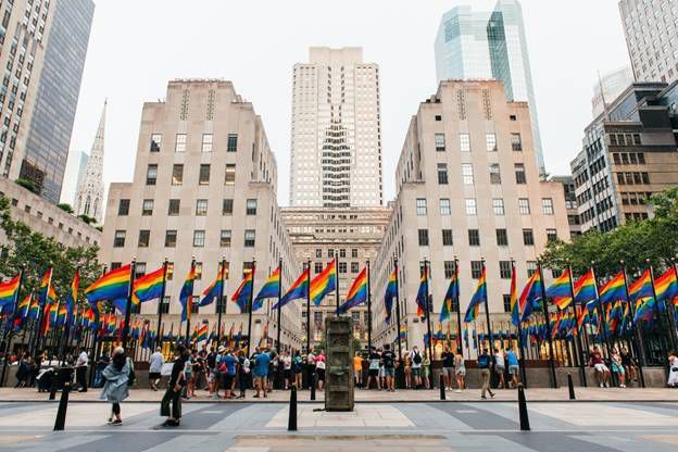Rainbow Pride flags fly around Rockefeller Center